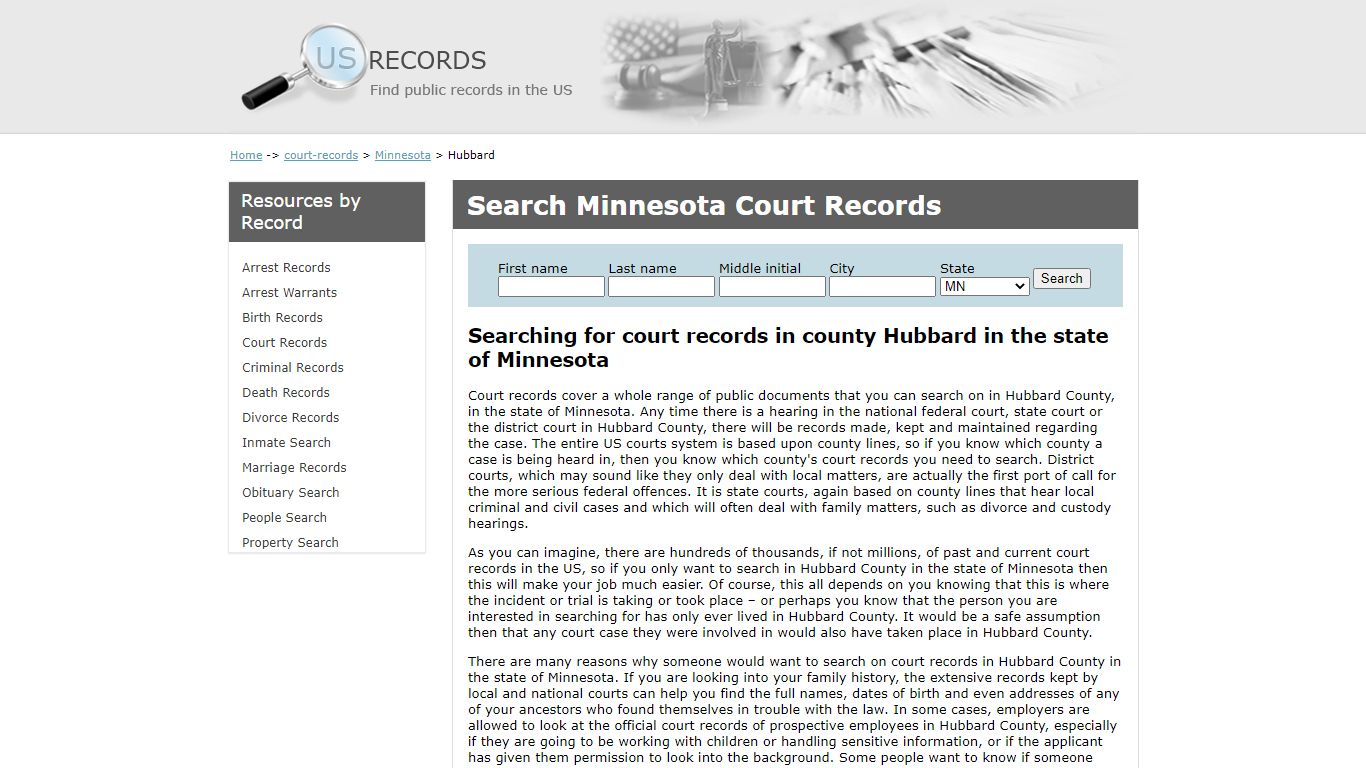 Search Court Records Hubbard Minnesota | US Records